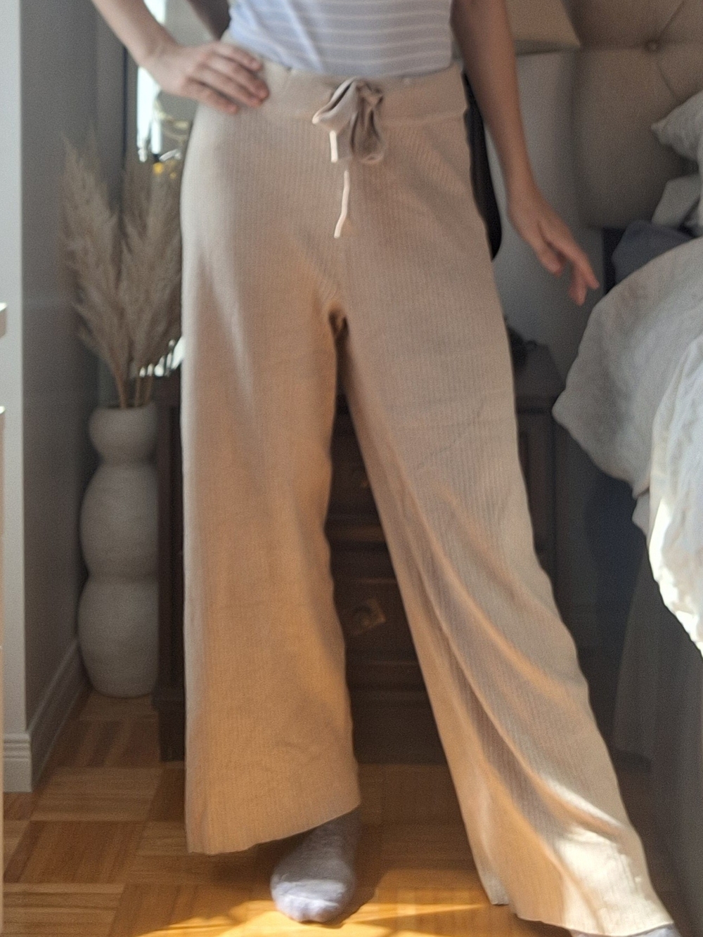 Cozy Ribbed Wide-Leg Drawstring Pants - Beige